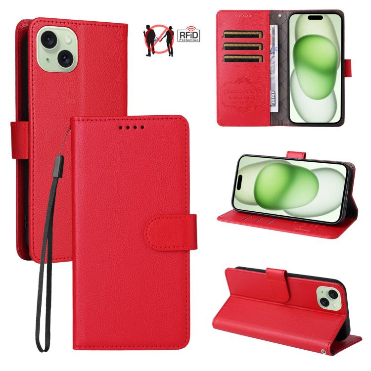 

For iPhone 15 Plus Litchi Texture RFID Blocking 3-Card Wallet Leather Phone Case(Red)