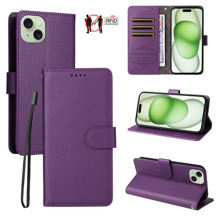 

For iPhone 15 Litchi Texture RFID Blocking 3-Card Wallet Leather Phone Case(Purple)