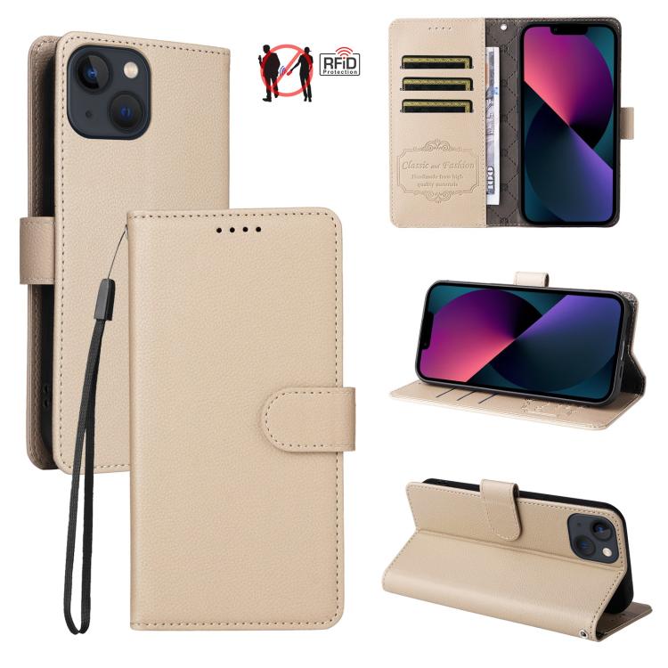 

For iPhone 14 Plus Litchi Texture RFID Blocking 3-Card Wallet Leather Phone Case(Beige)