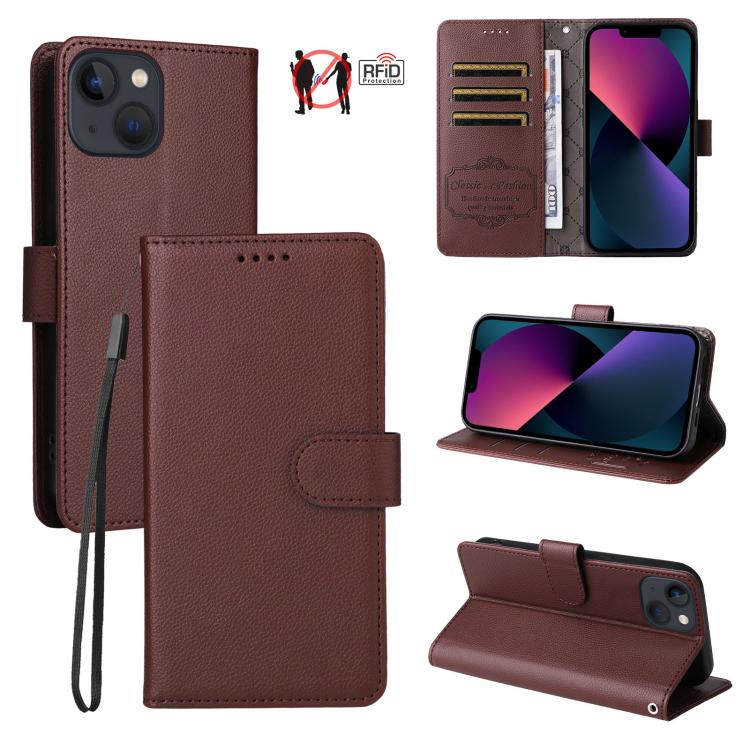 

For iPhone 14 Plus Litchi Texture RFID Blocking 3-Card Wallet Leather Phone Case(Brown)