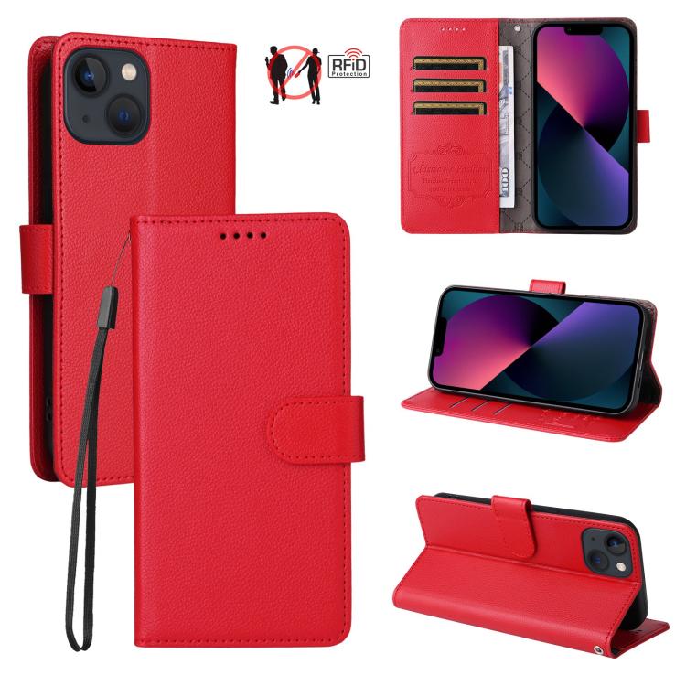 

For iPhone 14 Plus Litchi Texture RFID Blocking 3-Card Wallet Leather Phone Case(Red)