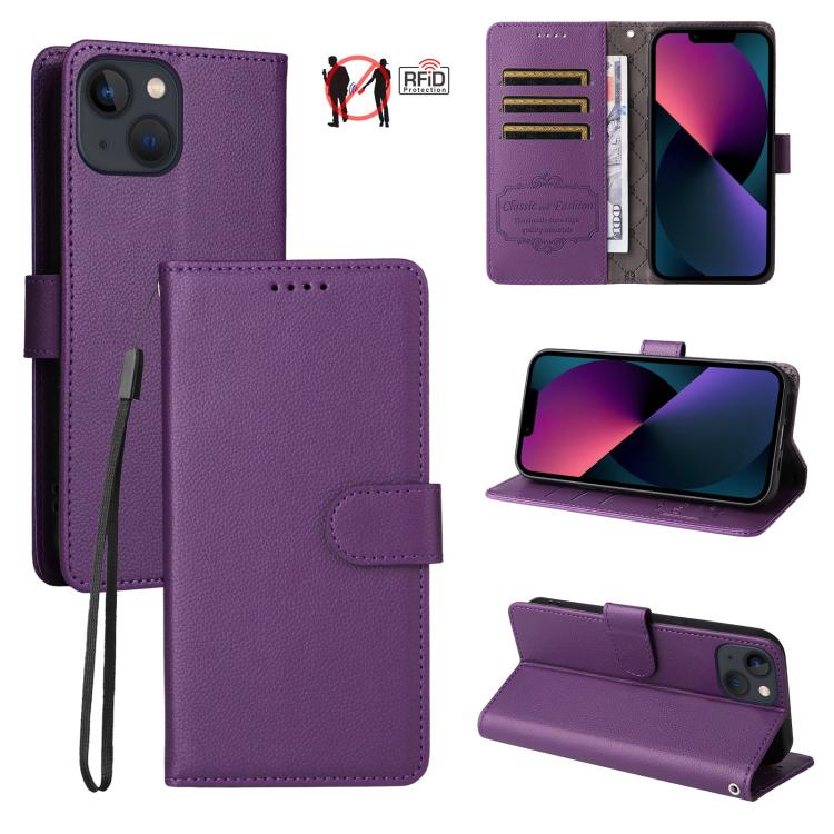 

For iPhone 14 / 13 Litchi Texture RFID Blocking 3-Card Wallet Leather Phone Case(Purple)