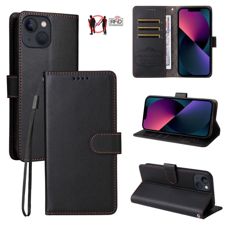 

For iPhone 14 / 13 Litchi Texture RFID Blocking 3-Card Wallet Leather Phone Case(Black)