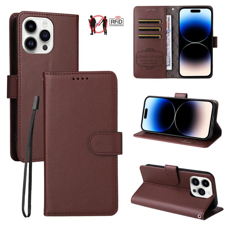 

For iPhone 14 Pro Litchi Texture RFID Blocking 3-Card Wallet Leather Phone Case(Brown)