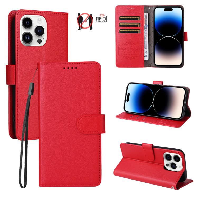

For iPhone 14 Pro Litchi Texture RFID Blocking 3-Card Wallet Leather Phone Case(Red)