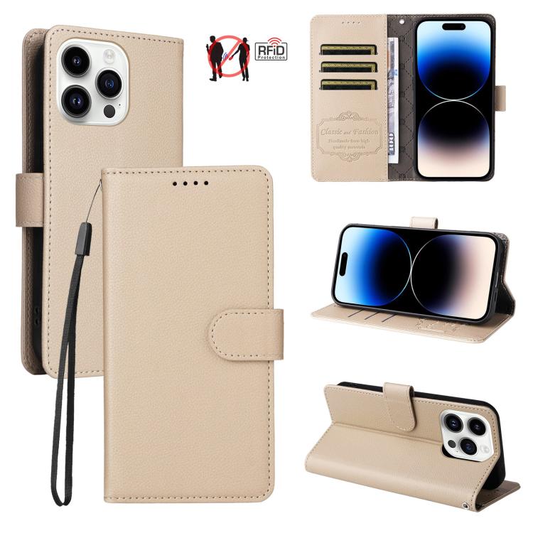 

For iPhone 14 Pro Max Litchi Texture RFID Blocking 3-Card Wallet Leather Phone Case(Beige)