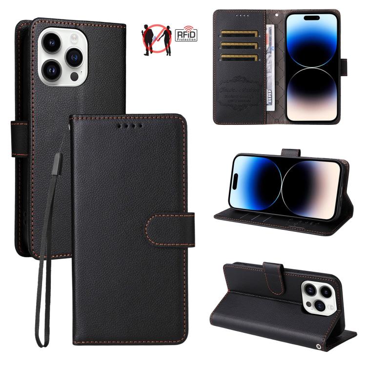 

For iPhone 14 Pro Max Litchi Texture RFID Blocking 3-Card Wallet Leather Phone Case(Black)