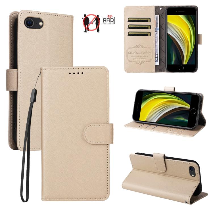 

For iPhone 7 / 8 / SE 2022 Litchi Texture RFID Blocking 3-Card Wallet Leather Phone Case(Beige)