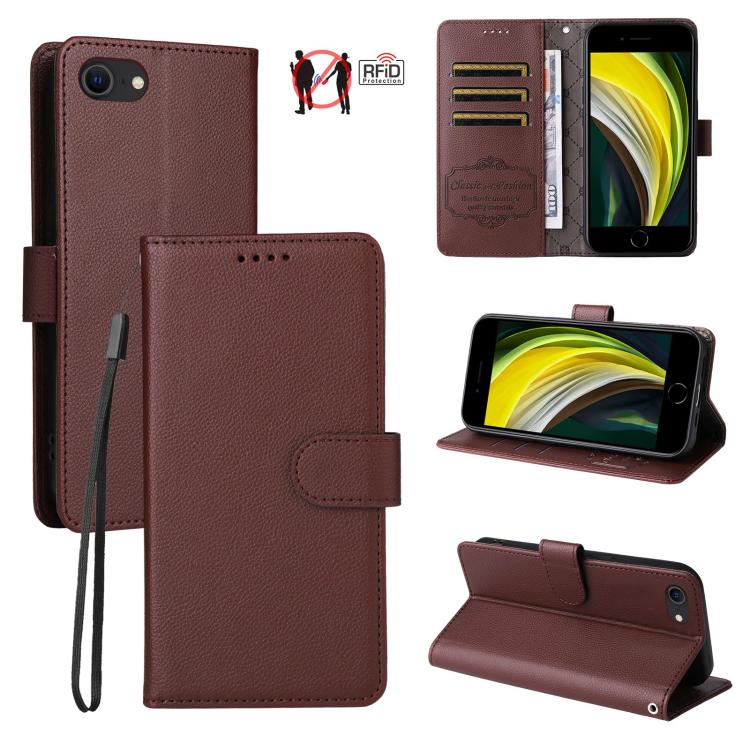 

For iPhone 7 / 8 / SE 2022 Litchi Texture RFID Blocking 3-Card Wallet Leather Phone Case(Brown)