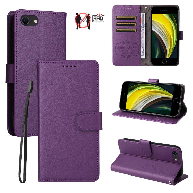 

For iPhone 7 / 8 / SE 2022 Litchi Texture RFID Blocking 3-Card Wallet Leather Phone Case(Purple)