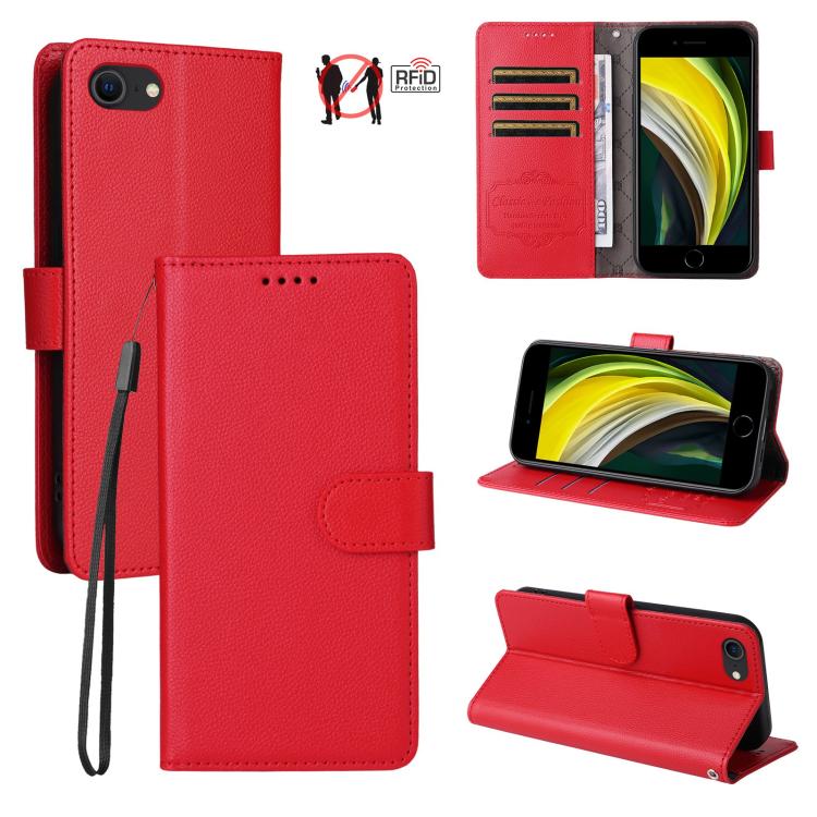 

For iPhone 7 / 8 / SE 2022 Litchi Texture RFID Blocking 3-Card Wallet Leather Phone Case(Red)