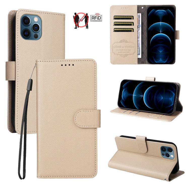 

For iPhone 13 Pro Max Litchi Texture RFID Blocking 3-Card Wallet Leather Phone Case(Beige)