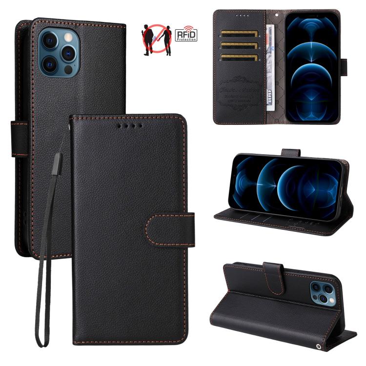 

For iPhone 13 Pro Max Litchi Texture RFID Blocking 3-Card Wallet Leather Phone Case(Black)