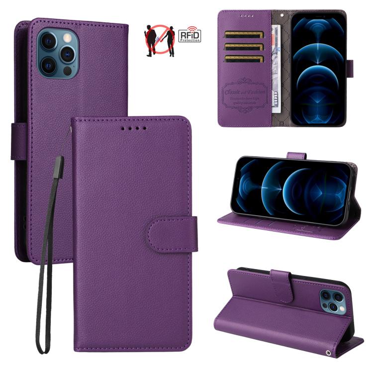 

For iPhone 12 / 12 Pro Litchi Texture RFID Blocking 3-Card Wallet Leather Phone Case(Purple)