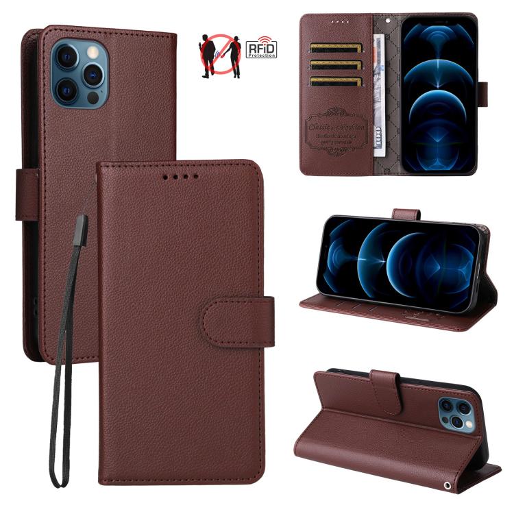 

For iPhone 12 Pro Max Litchi Texture RFID Blocking 3-Card Wallet Leather Phone Case(Brown)