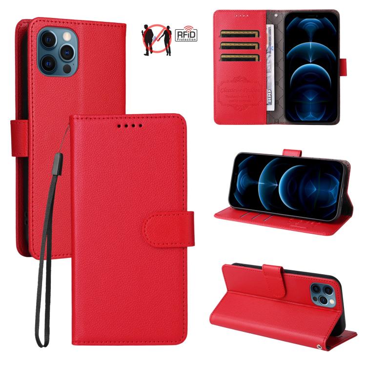 

For iPhone 12 Pro Max Litchi Texture RFID Blocking 3-Card Wallet Leather Phone Case(Red)