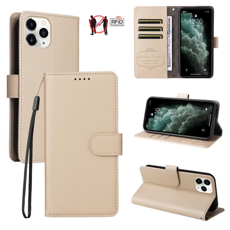 

For iPhone 11 Pro Max Litchi Texture RFID Blocking 3-Card Wallet Leather Phone Case(Beige)