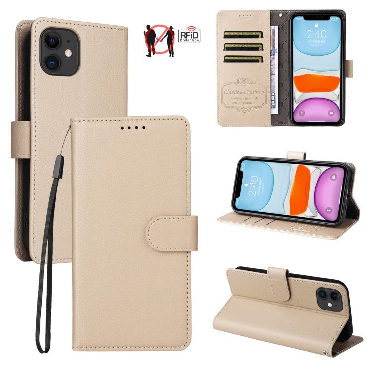 

For iPhone 11 Litchi Texture RFID Blocking 3-Card Wallet Leather Phone Case(Beige)
