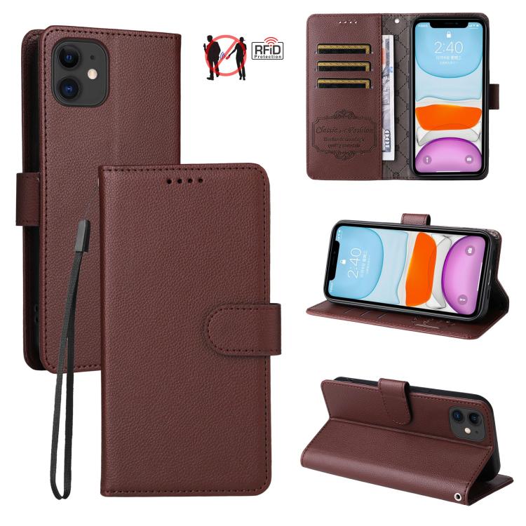 

For iPhone 11 Litchi Texture RFID Blocking 3-Card Wallet Leather Phone Case(Brown)