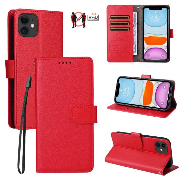 

For iPhone 11 Litchi Texture RFID Blocking 3-Card Wallet Leather Phone Case(Red)