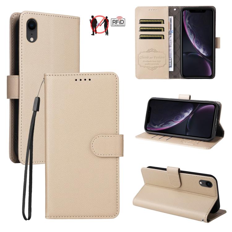 

For iPhone XR Litchi Texture RFID Blocking 3-Card Wallet Leather Phone Case(Beige)