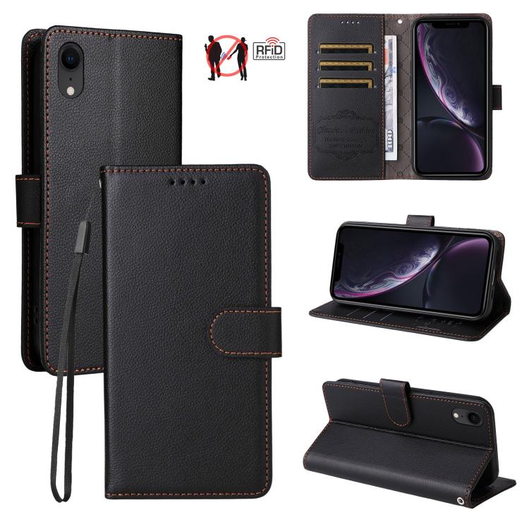 

For iPhone XR Litchi Texture RFID Blocking 3-Card Wallet Leather Phone Case(Black)