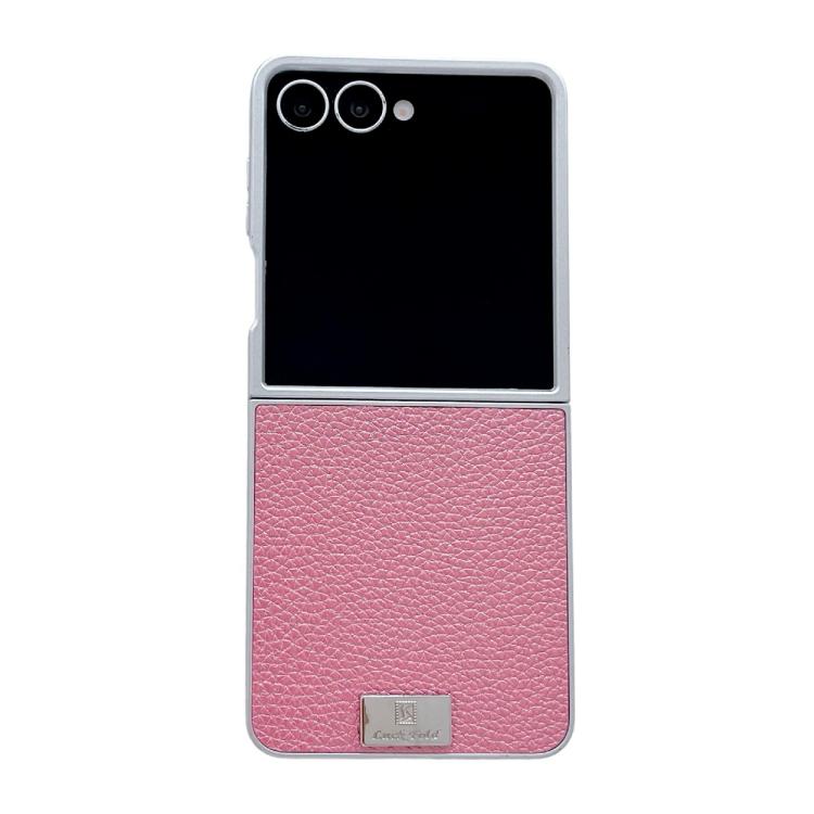

For Samsung Galaxy Z Flip7 5G Silver Frame Litchi Texture Nameplate Full Coverage Phone Case(Pink)