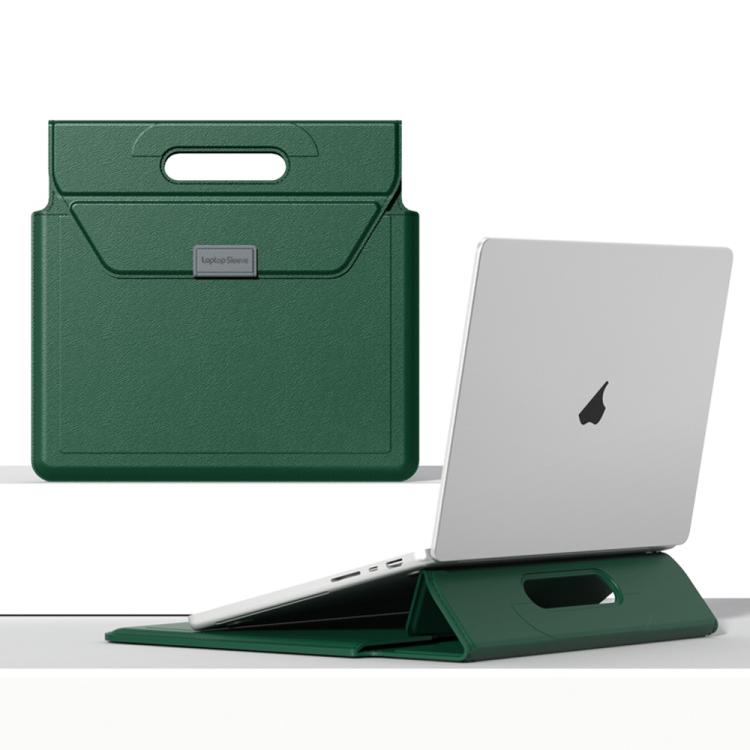 

For 13 / 14 inch Handle Portable Laptop Briefcase PU Leather Laptop Sleeve with Foldable Stand(Dark Green)