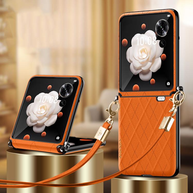 

For Honor Magic V Flip SULADA Elegant Rhombic Texture Folding Phone Case with Lanyard(Orange)