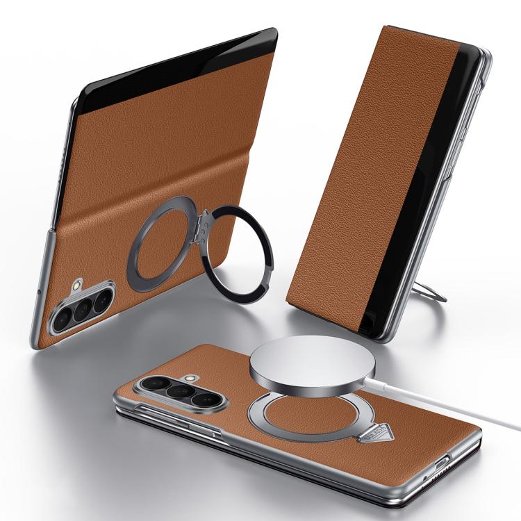For Galaxy Z Fold7 5G SULADA Smart View Window MagSafe Magnetic Holder Leather Phone Case(Brown)