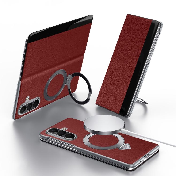 For Galaxy Z Fold7 5G SULADA Smart View Window MagSafe Magnetic Holder Leather Phone Case(Red)
