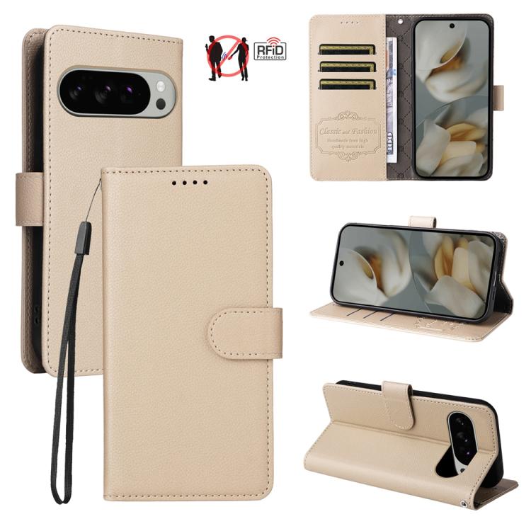 

For Google Pixel 9 Pro XL / 10 Pro XL Litchi Texture RFID Blocking 3-Card Wallet Leather Phone Case(Beige)
