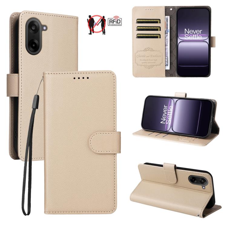 

For OnePlus Nord CE5 5G / Ace 5 Racing Litchi Texture RFID Blocking 3-Card Wallet Leather Phone Case(Beige)
