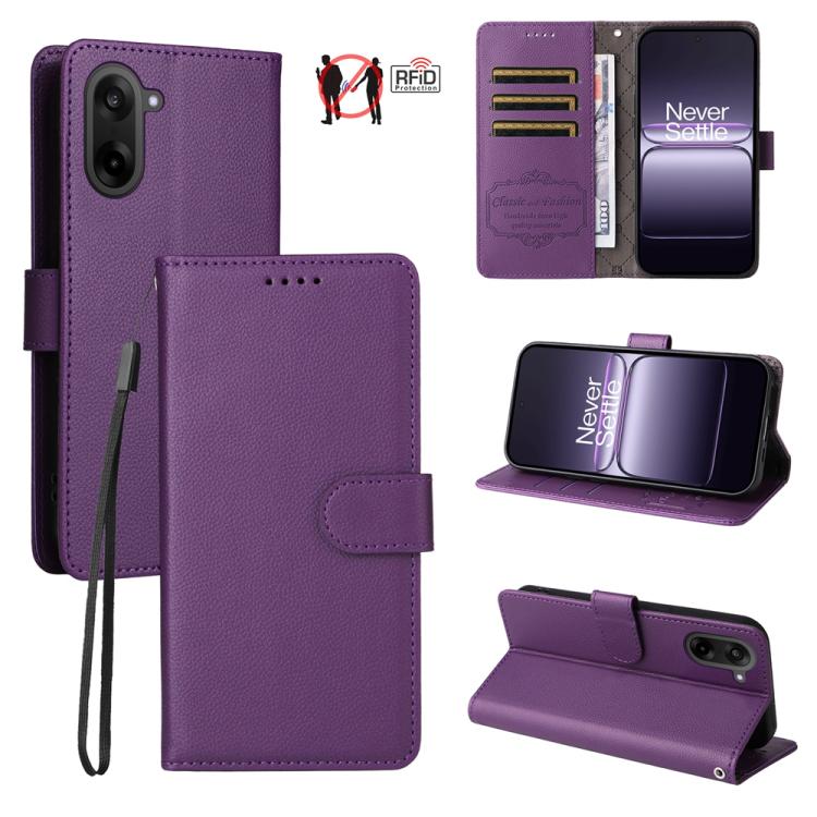 

For OnePlus Nord CE5 5G / Ace 5 Racing Litchi Texture RFID Blocking 3-Card Wallet Leather Phone Case(Purple)