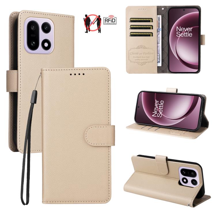 

For OnePlus 15 Litchi Texture RFID Blocking 3-Card Wallet Leather Phone Case(Beige)