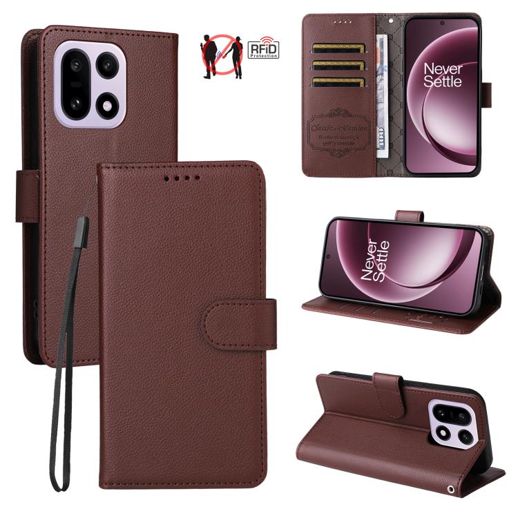 

For OnePlus 15 Litchi Texture RFID Blocking 3-Card Wallet Leather Phone Case(Brown)