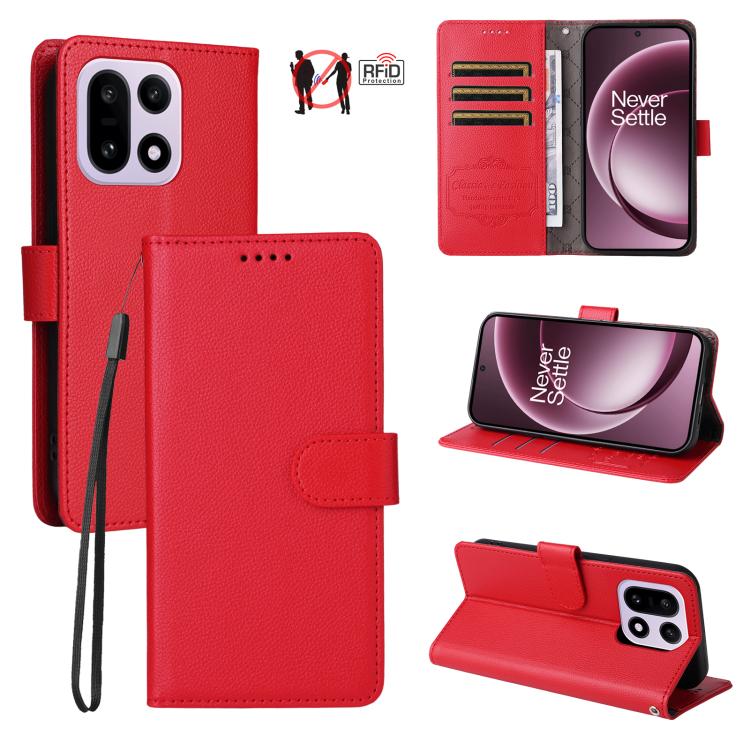 

For OnePlus 15 Litchi Texture RFID Blocking 3-Card Wallet Leather Phone Case(Red)