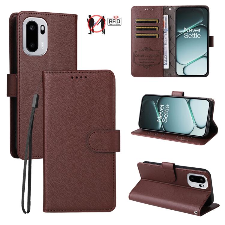 

For OnePlus Ace 6 / 15R Litchi Texture RFID Blocking 3-Card Wallet Leather Phone Case(Brown)