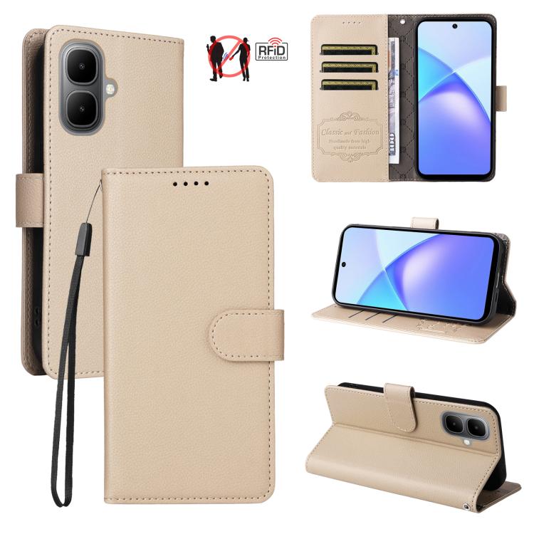 

For Infinix Smart 10 4G / Tecno Pop 10 Litchi Texture RFID Blocking 3-Card Wallet Leather Phone Case(Beige)