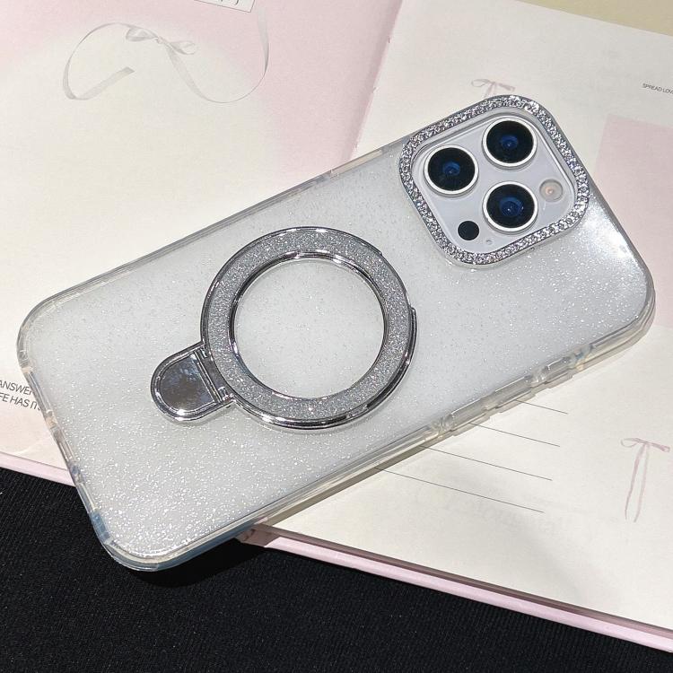 For iPhone 15 Pro Max Gradient Glitter Diamonds MagSafe Phone Case(White)