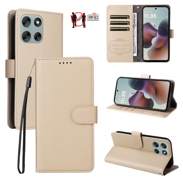 

For Motorola Moto G56 5G / G66j 5G / G66y 5G Litchi Texture RFID Blocking 3-Card Wallet Leather Phone Case(Beige)