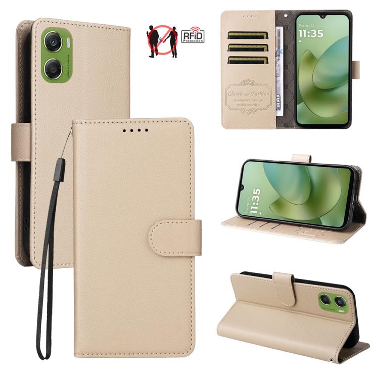 

For Motorola Moto G06 4G Litchi Texture RFID Blocking 3-Card Wallet Leather Phone Case(Beige)