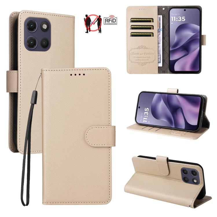 

For Motorola Moto G17 4G / G17 Power 4G Litchi Texture RFID Blocking 3-Card Wallet Leather Phone Case(Beige)