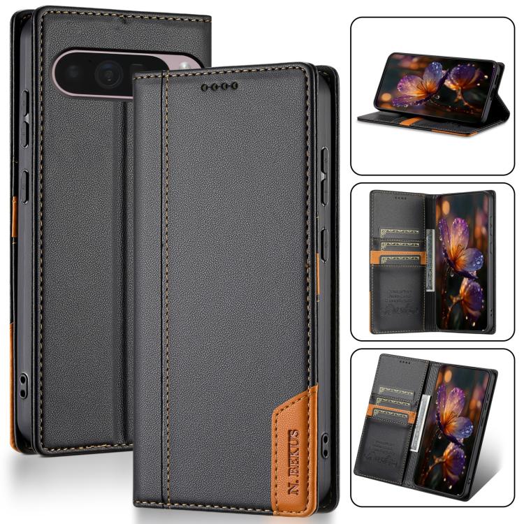 

For Google Pixel 9 Pro XL / 10 Pro XL N.BEKUS P3 RFID Stitching Magnetic Flip Leather Phone Case(Black)