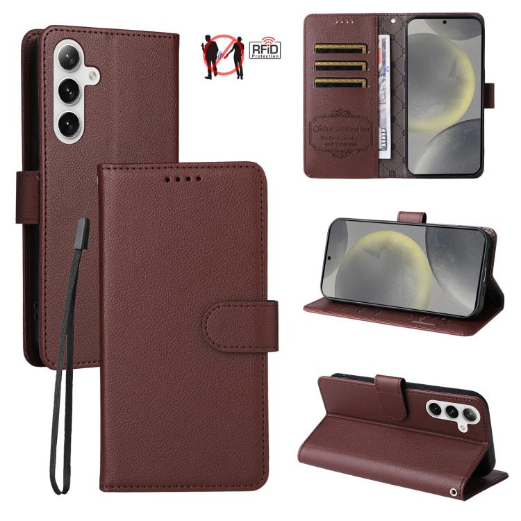 

For Samsung Galaxy S25 / S24 5G Litchi Texture RFID Blocking 3-Card Wallet Leather Phone Case(Brown)