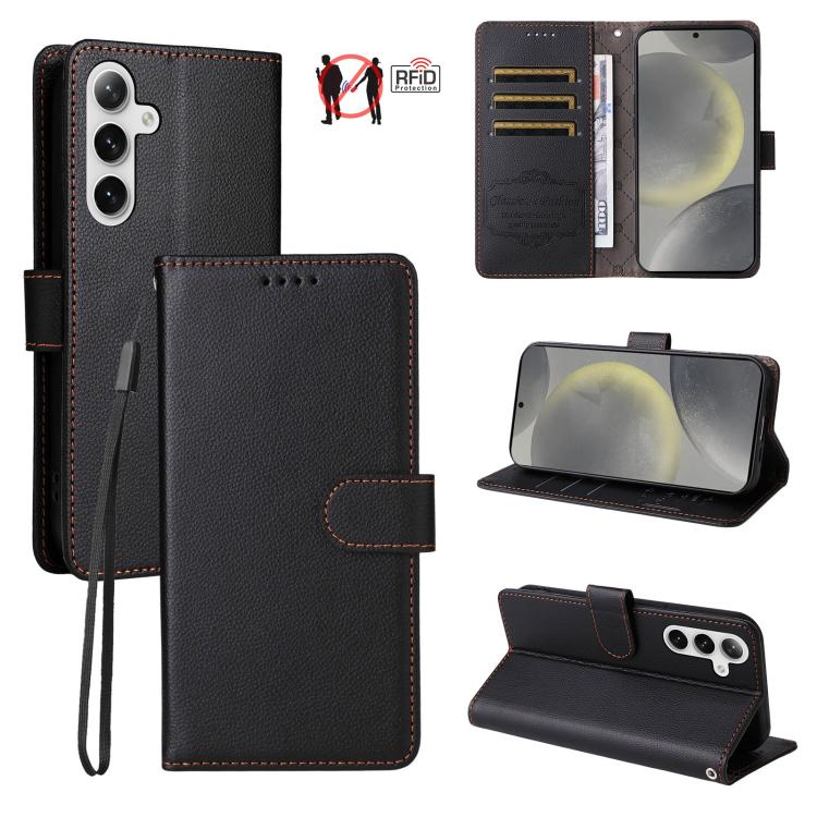 

For Samsung Galaxy S25+ / S24+ 5G Litchi Texture RFID Blocking 3-Card Wallet Leather Phone Case(Black)