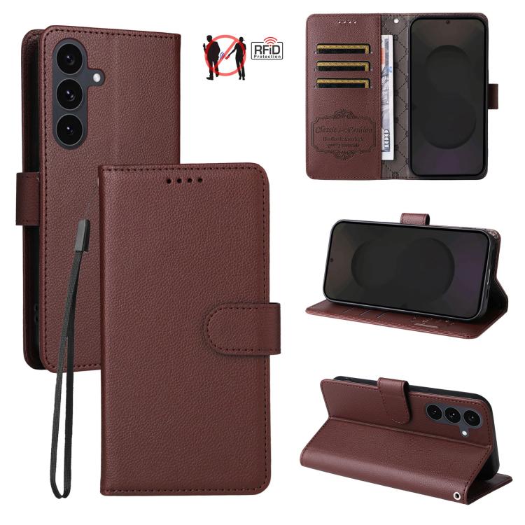 

For Samsung Galaxy S25 FE 5G Litchi Texture RFID Blocking 3-Card Wallet Leather Phone Case(Brown)