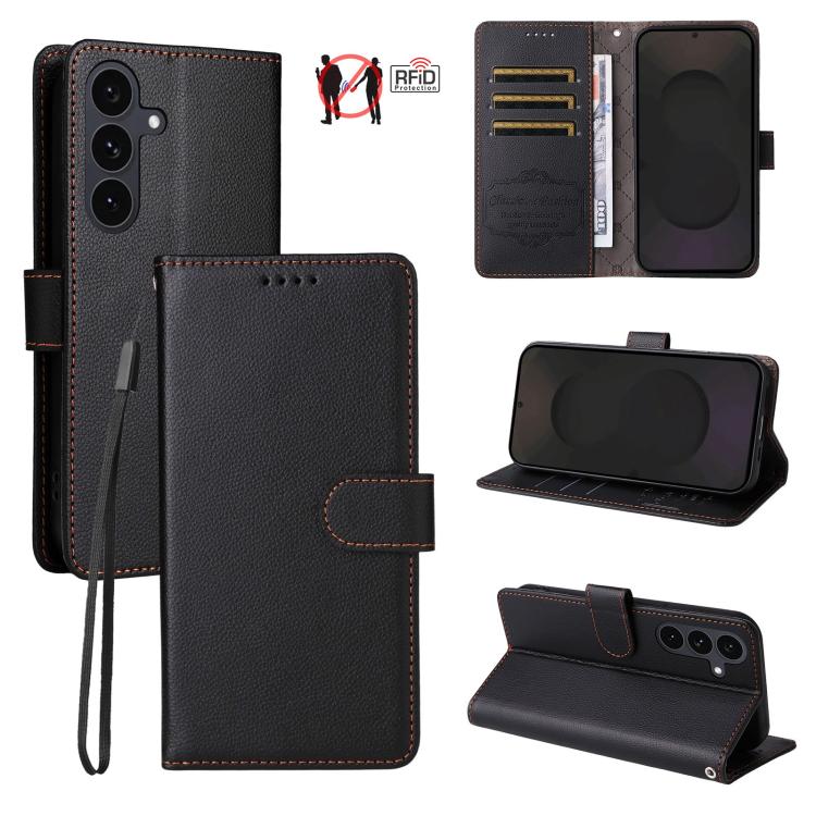 

For Samsung Galaxy S25 FE 5G Litchi Texture RFID Blocking 3-Card Wallet Leather Phone Case(Black)