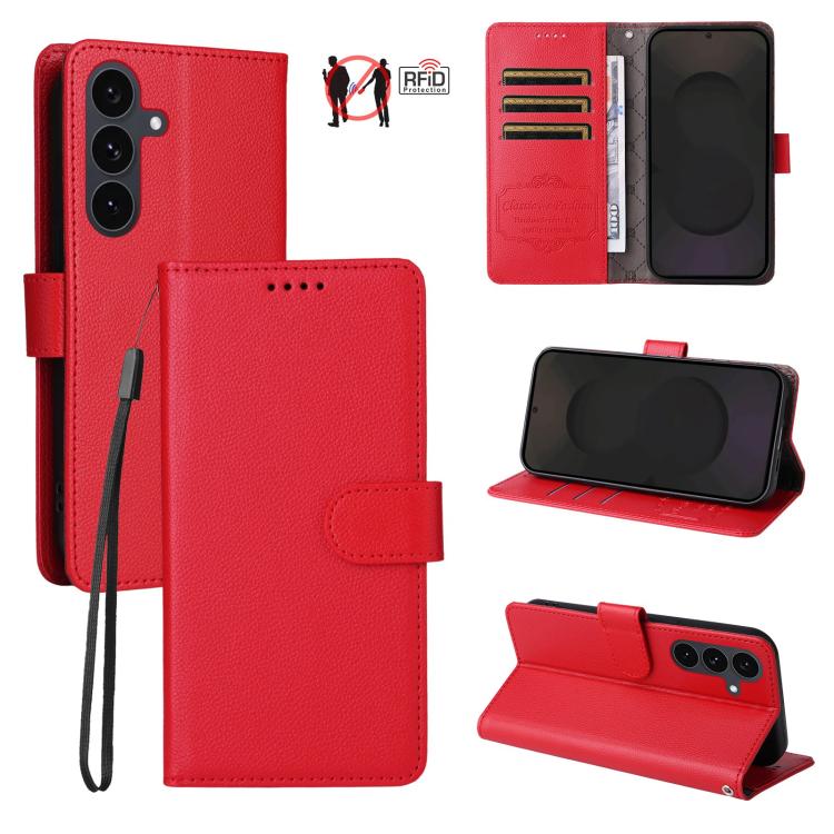 

For Samsung Galaxy S25 FE 5G Litchi Texture RFID Blocking 3-Card Wallet Leather Phone Case(Red)