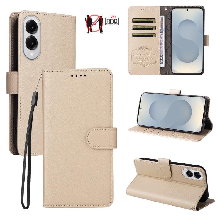 

For Samsung Galaxy S25 Edge 5G Litchi Texture RFID Blocking 3-Card Wallet Leather Phone Case(Beige)